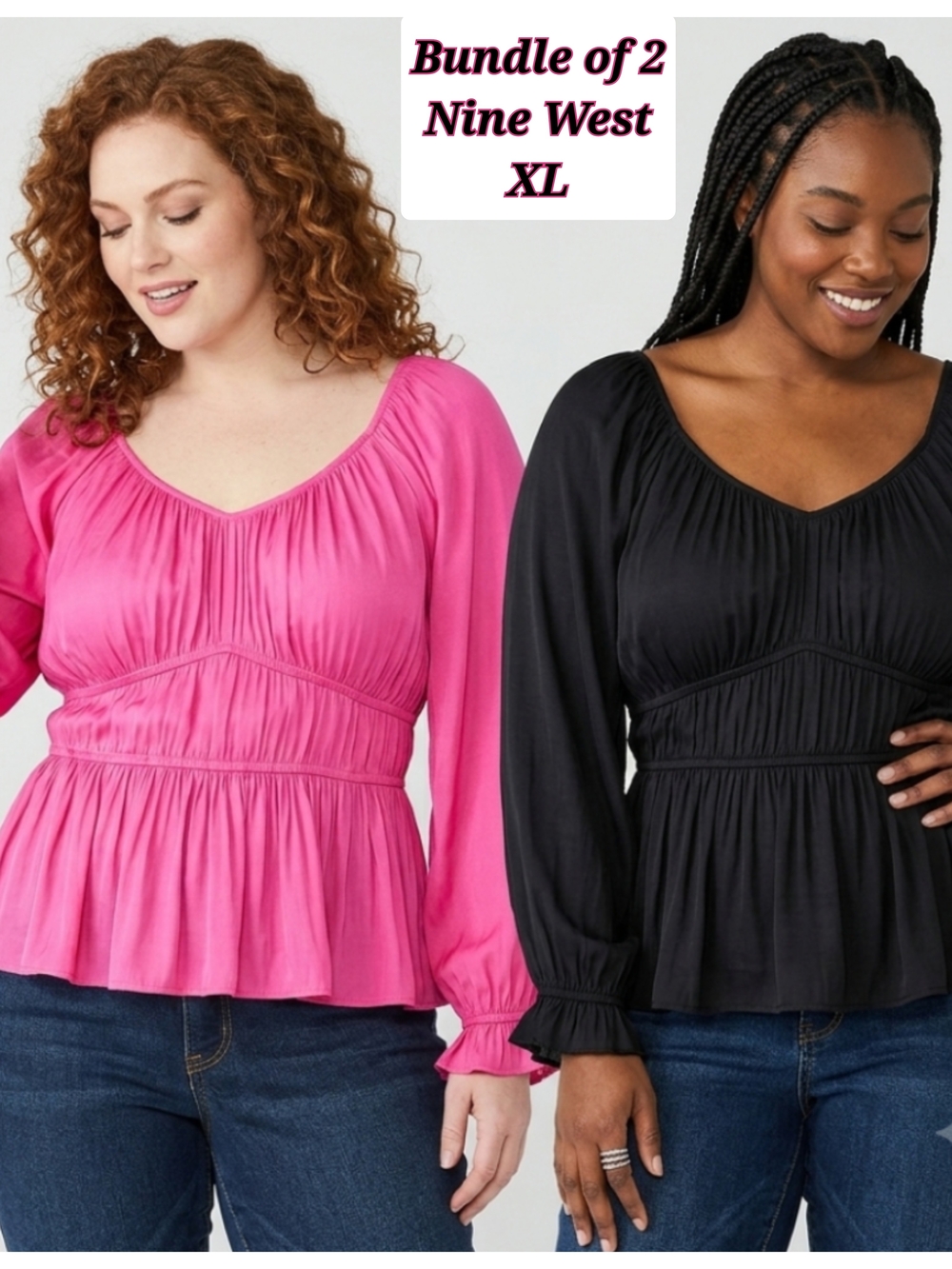 Bundle 2 Nine West Smocked Peplum Blouses XL Pink Black
